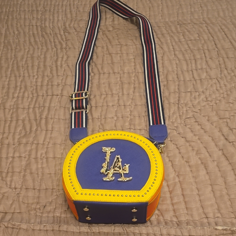 Blue and Yellow Crossbody Bag with Embellished Logo